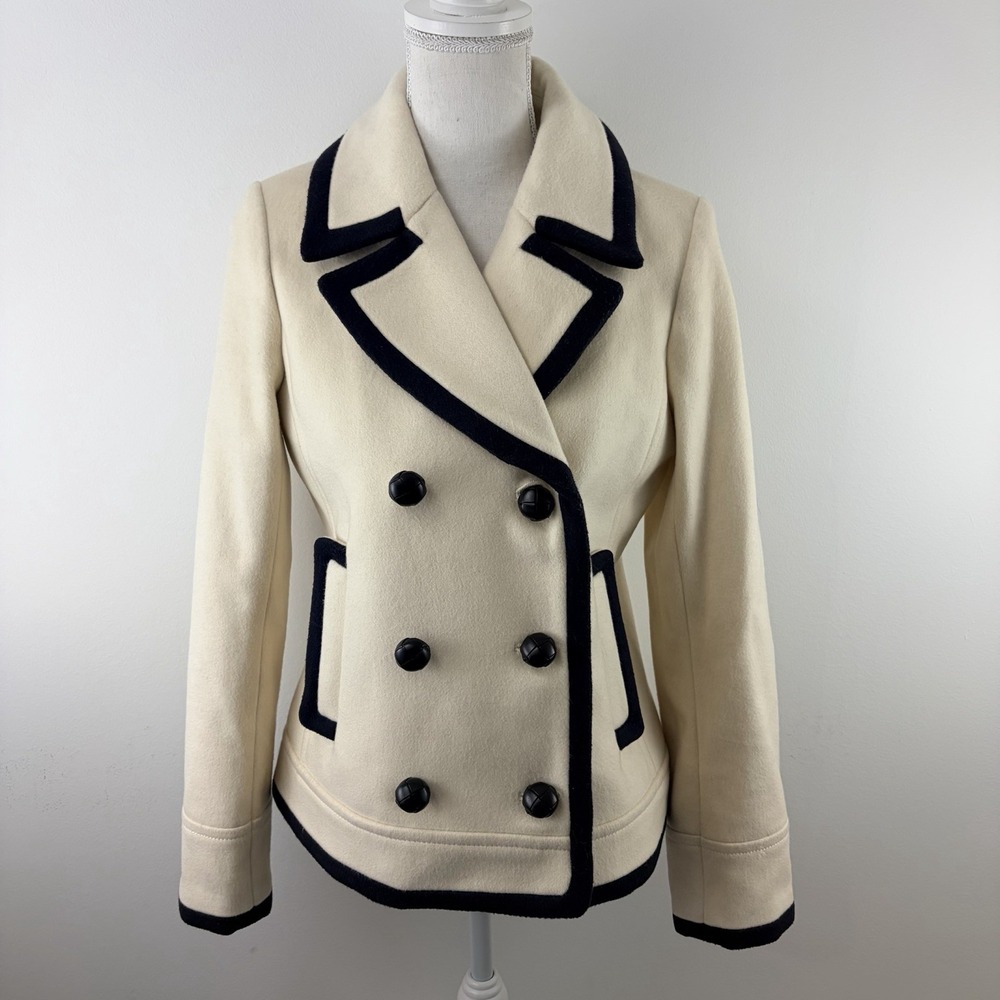 J.Crew Womens 6 Nello Gori 100% Wool Peacoat Ivory Navy Tipped Double Breasted